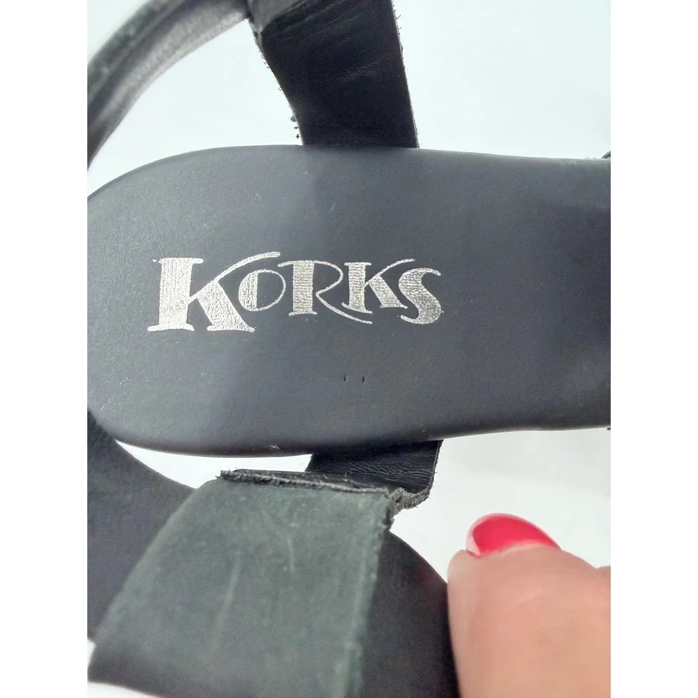 Korks Platform Sandals Womens 8 Black Leather Studded Wood Heel